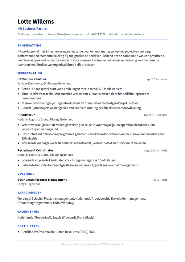 Cv voorbeeld in het sjabloon Basis van de gratis cv-maker van Will Werk