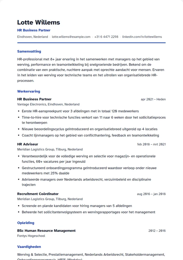 Cv voorbeeld in het sjabloon Helder van de gratis cv-maker van Will Werk
