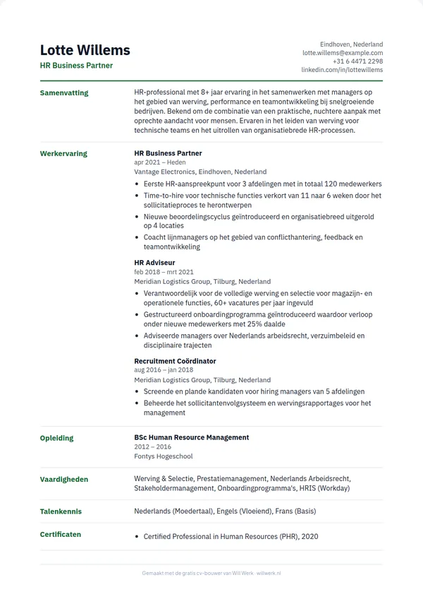 Cv voorbeeld in het sjabloon Kantlijn van de gratis cv-maker van Will Werk