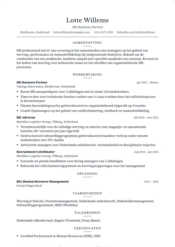Cv voorbeeld in het sjabloon Klassiek van de gratis cv-maker van Will Werk