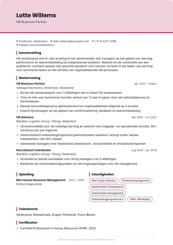 Cv voorbeeld in het sjabloon Kopband van de gratis cv-maker van Will Werk