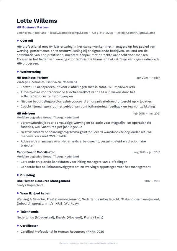 Cv voorbeeld in het sjabloon Persoonlijk van de gratis cv-maker van Will Werk