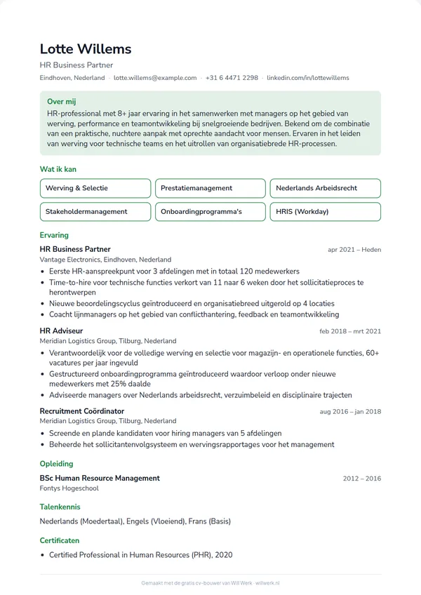 Cv voorbeeld in het sjabloon Starter van de gratis cv-maker van Will Werk