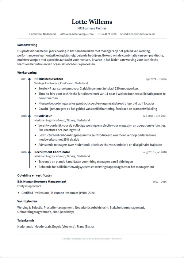 Cv voorbeeld in het sjabloon Tijdlijn van de gratis cv-maker van Will Werk