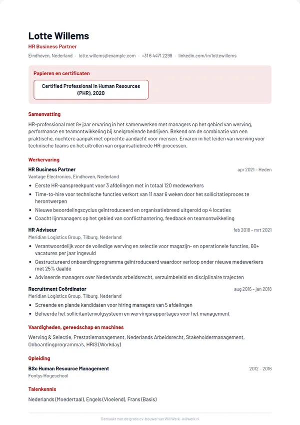 Cv voorbeeld in het sjabloon Vakman van de gratis cv-maker van Will Werk
