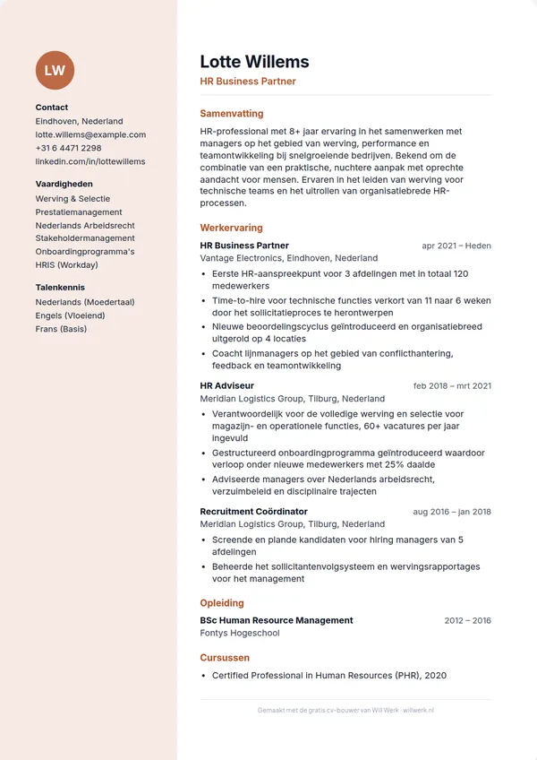Cv voorbeeld in het sjabloon Zijbalk van de gratis cv-maker van Will Werk