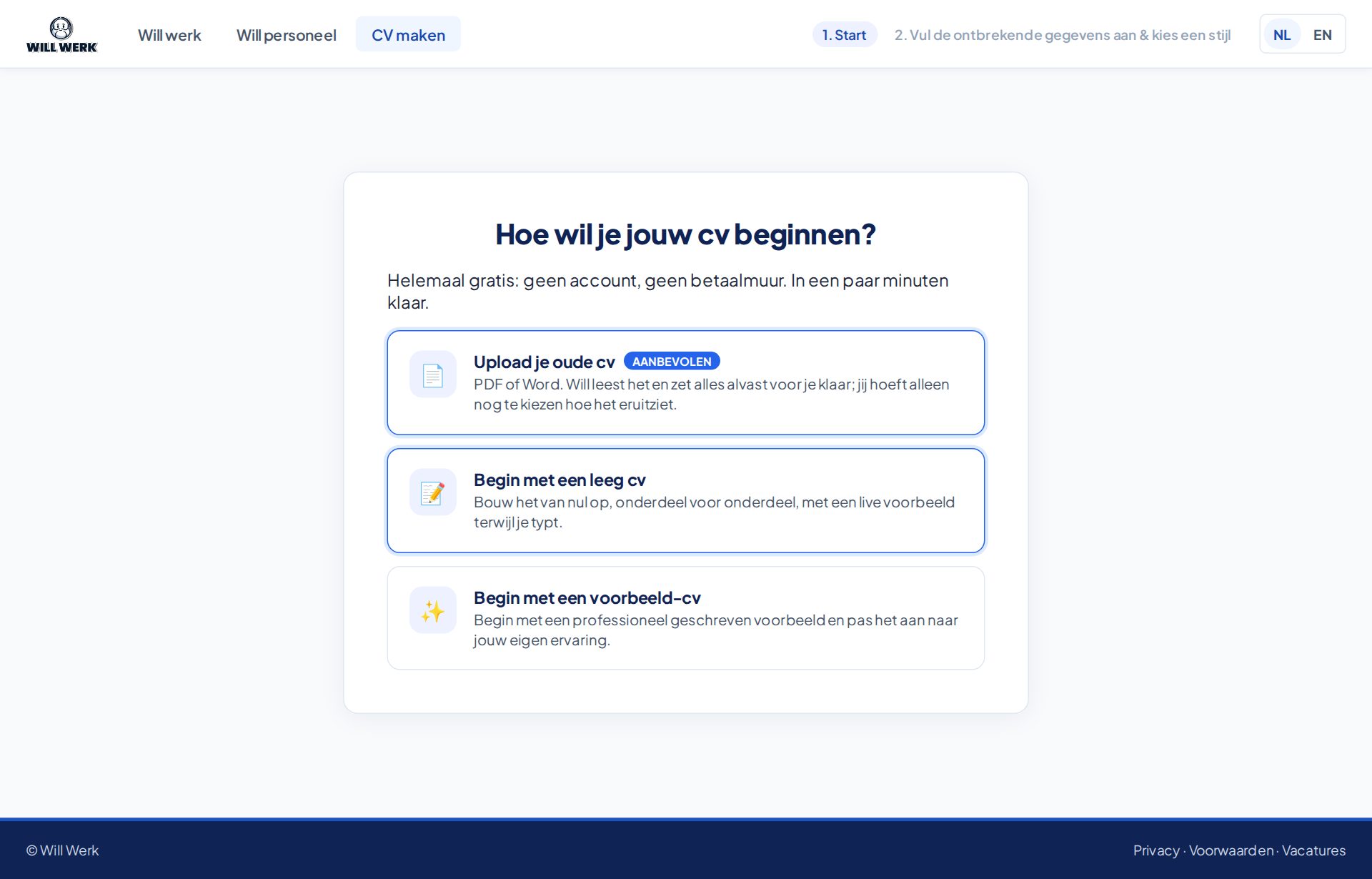 De gratis cv-bouwer: oud cv uploaden of met een voorbeeld beginnen.