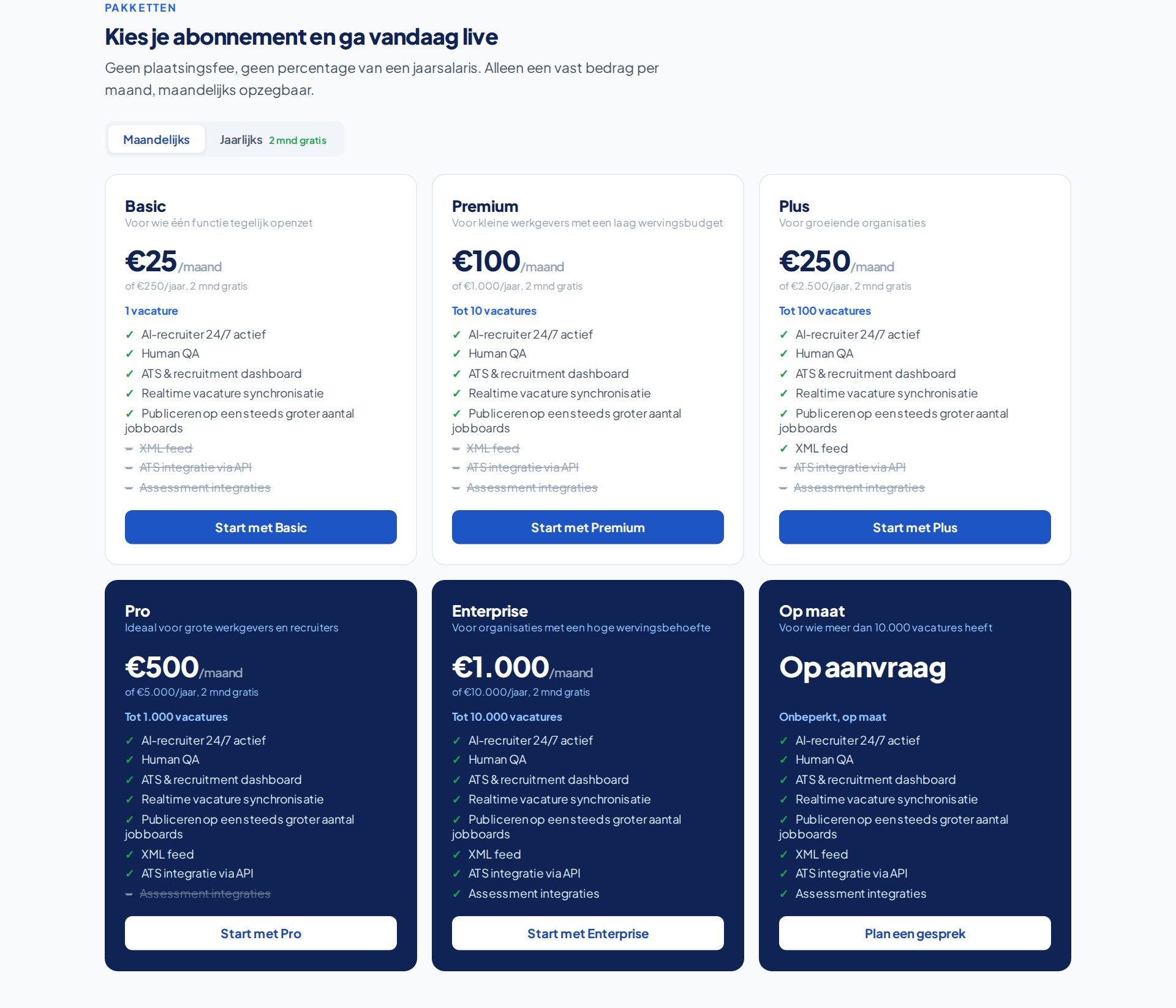 De pakketten op de homepage, met de schakelaar tussen maand en jaar.