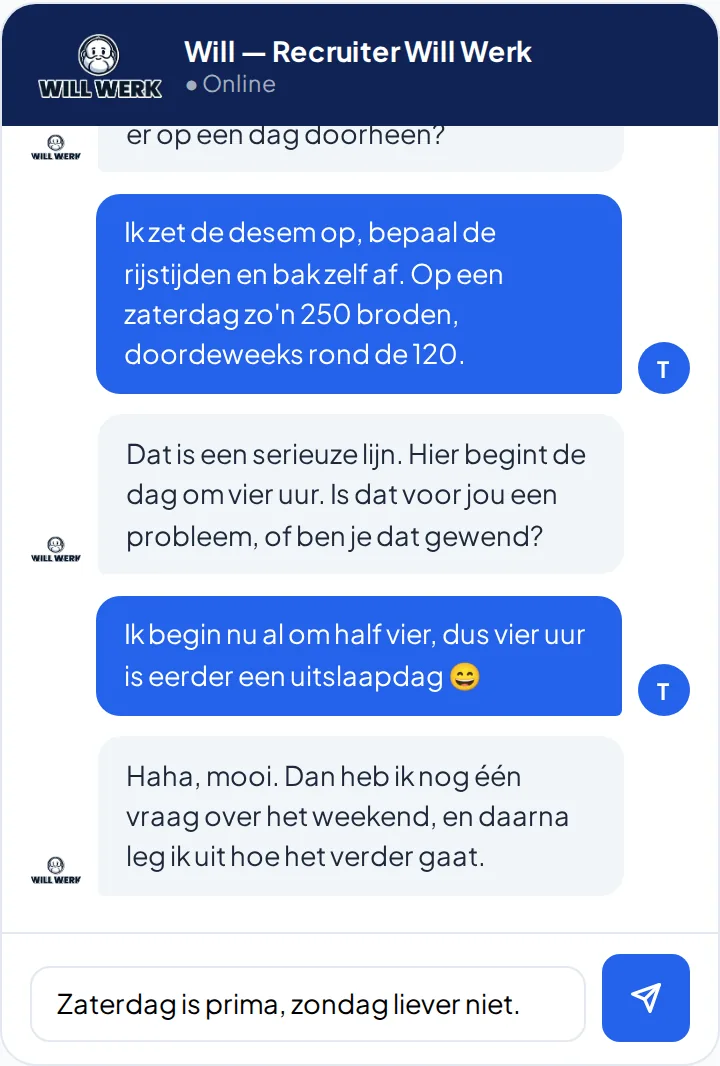 Het sollicitatiegesprek van Will met een kandidaat, op een telefoon